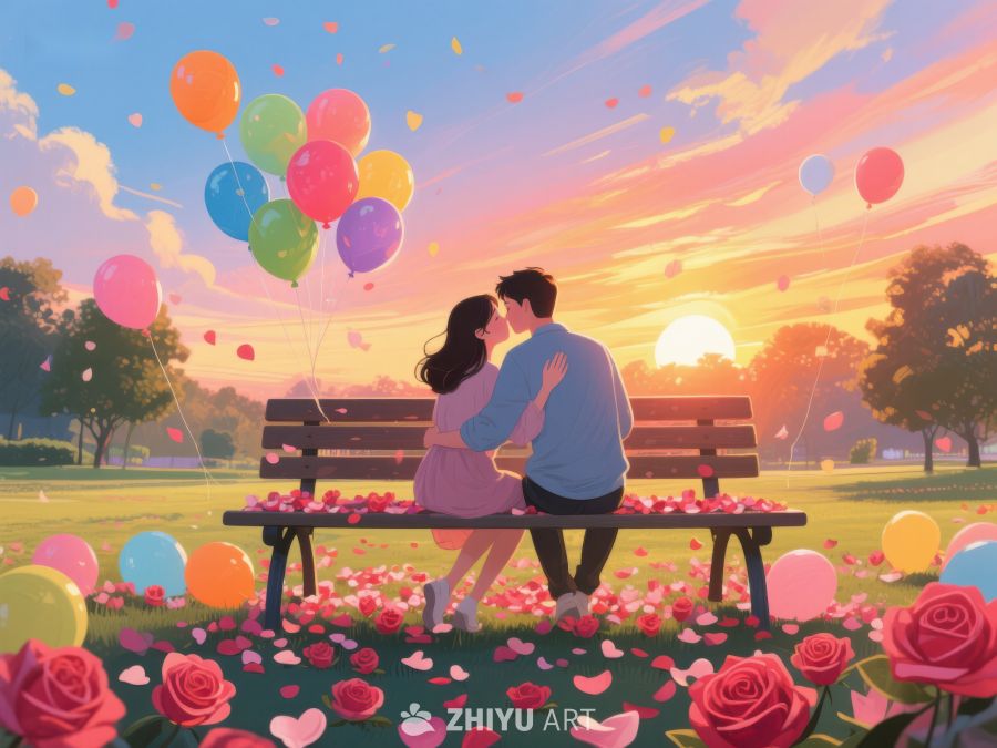 情侣公园长椅上亲吻，气球玫瑰环绕 508