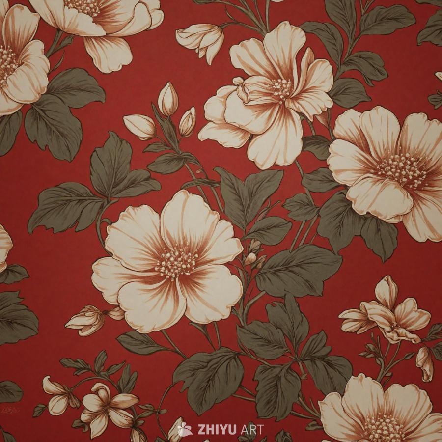 红色背景的墙纸上印有白色花朵图案。花朵散布在画面中