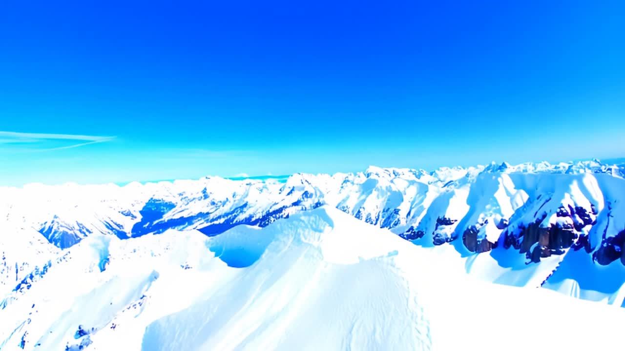 广角静态镜头，展示了阿拉斯加连绵的雪山景观。镜头捕