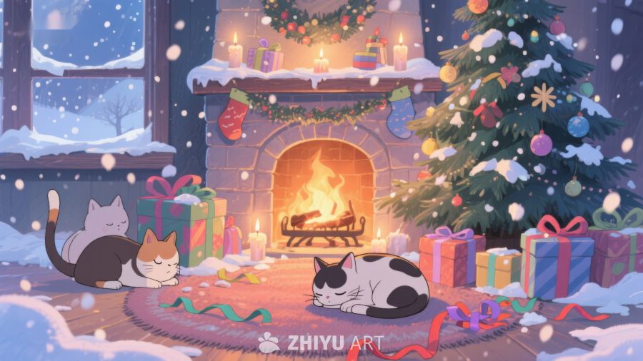 温馨圣诞夜，猫咪炉边小憩 292