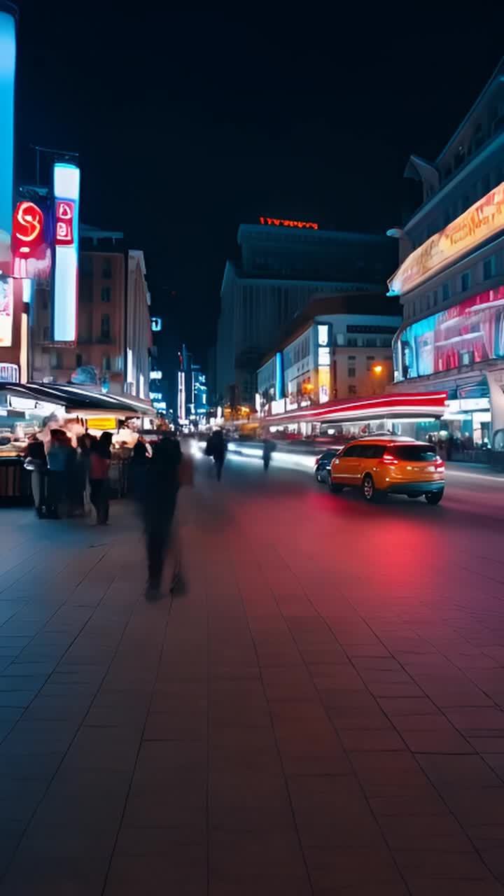 夜晚的城市广场，霓虹灯闪烁，人行道上有行人走动，一