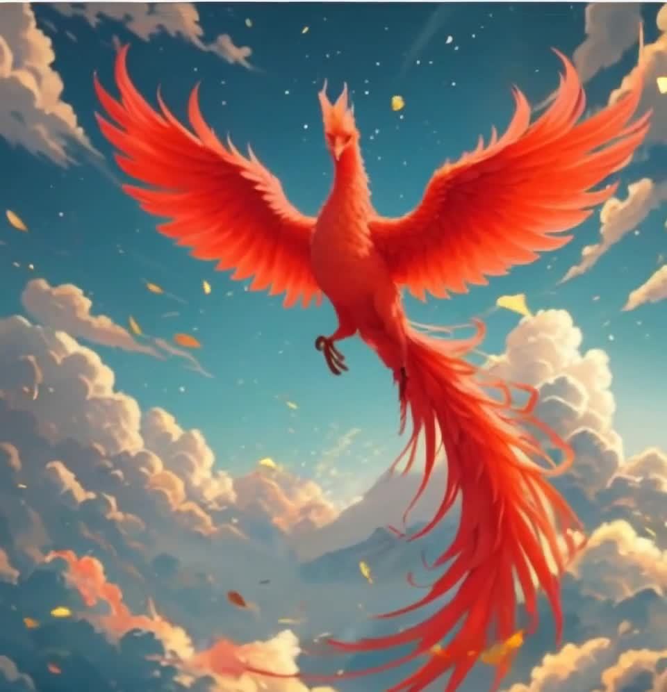 云端翱翔的红色凤凰与金色光点