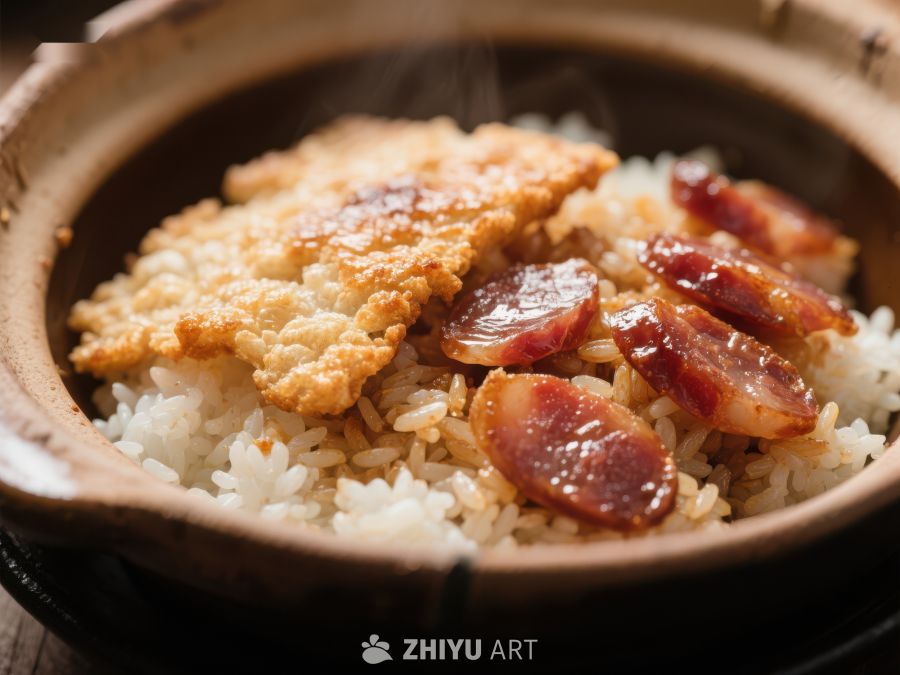 热腾腾的煲仔饭，腊肠与锅巴香气四溢 798