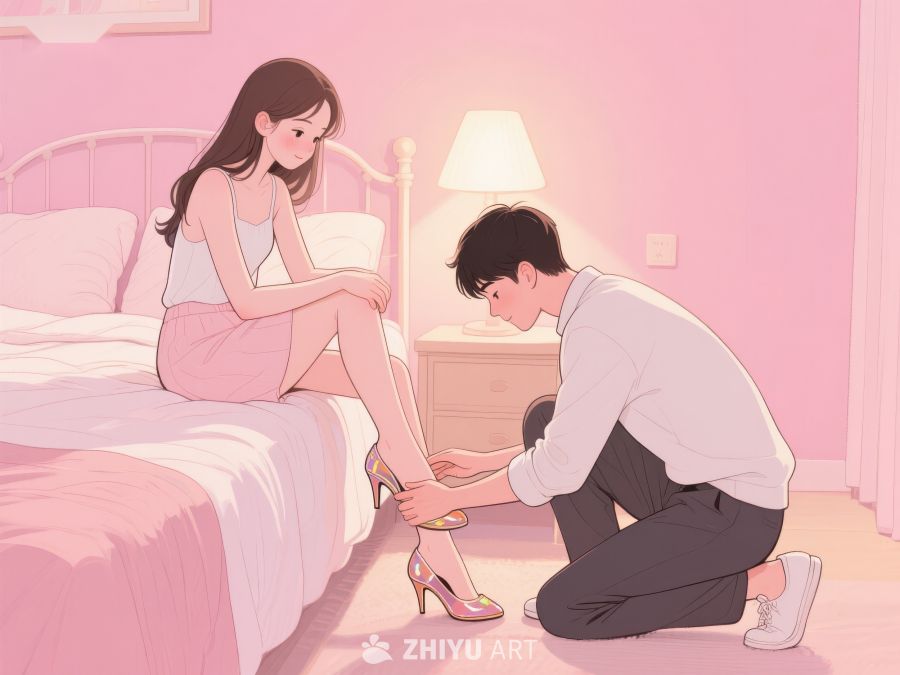 温馨卧室中，男子为女子穿鞋 778
