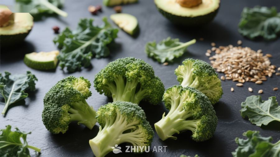 新鲜蔬菜组合：西兰花、羽衣甘蓝与坚果