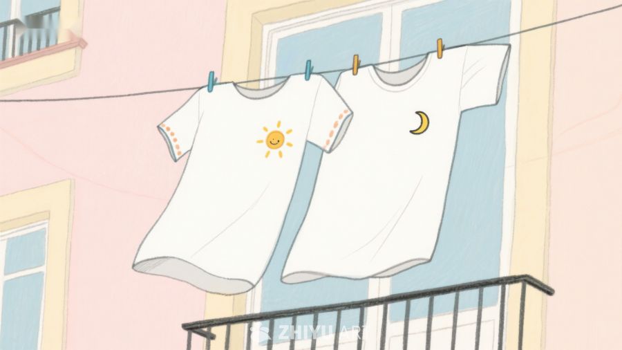 晾晒的太阳月亮图案T恤 234