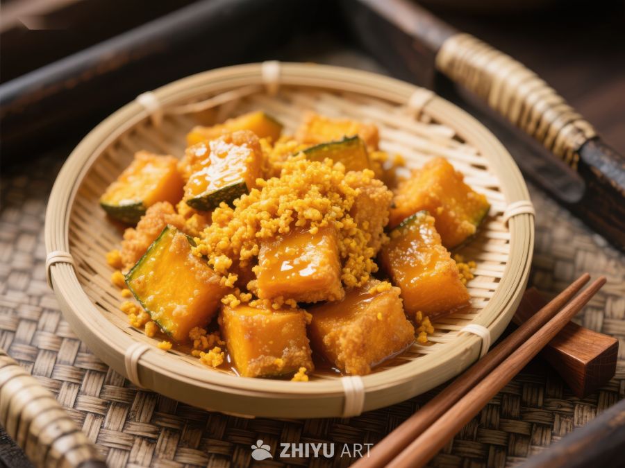 金黄南瓜粒配松子，竹篮盛装 348