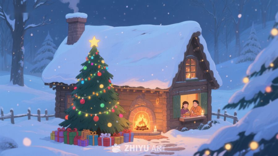 雪夜小屋与圣诞树 447