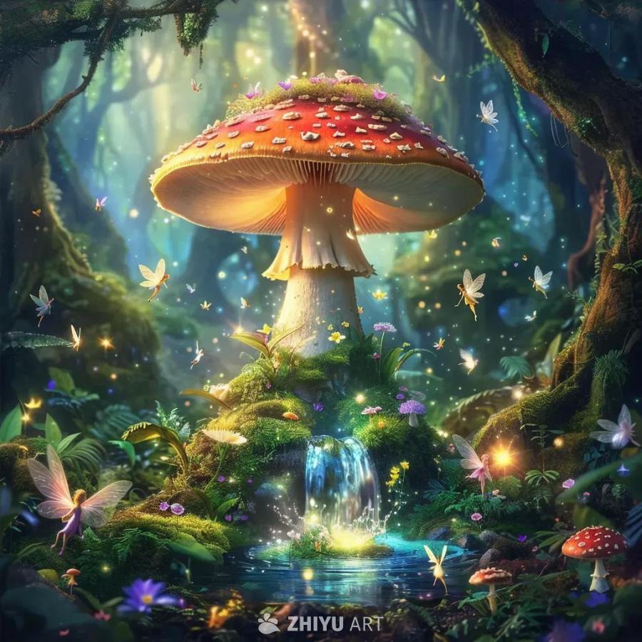 梦幻般的森林场景中，微型仙女飞舞，一棵巨大的蘑菇位