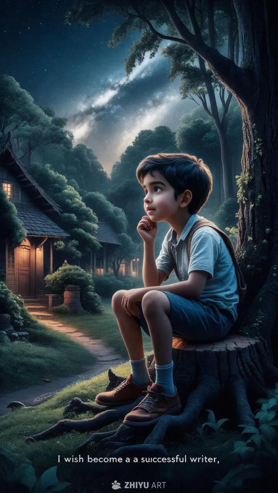一个穿着蓝色短裤和浅蓝色衬衫的小男孩坐在树桩上，他