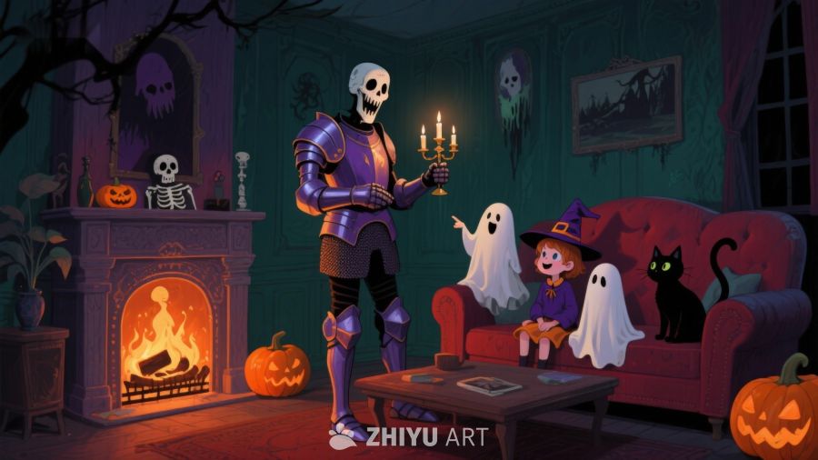 万圣节温馨夜：骷髅骑士与小巫师的奇幻时光