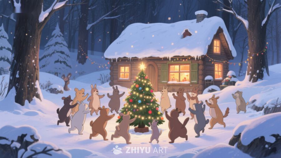 雪夜森林动物围聚圣诞树 353