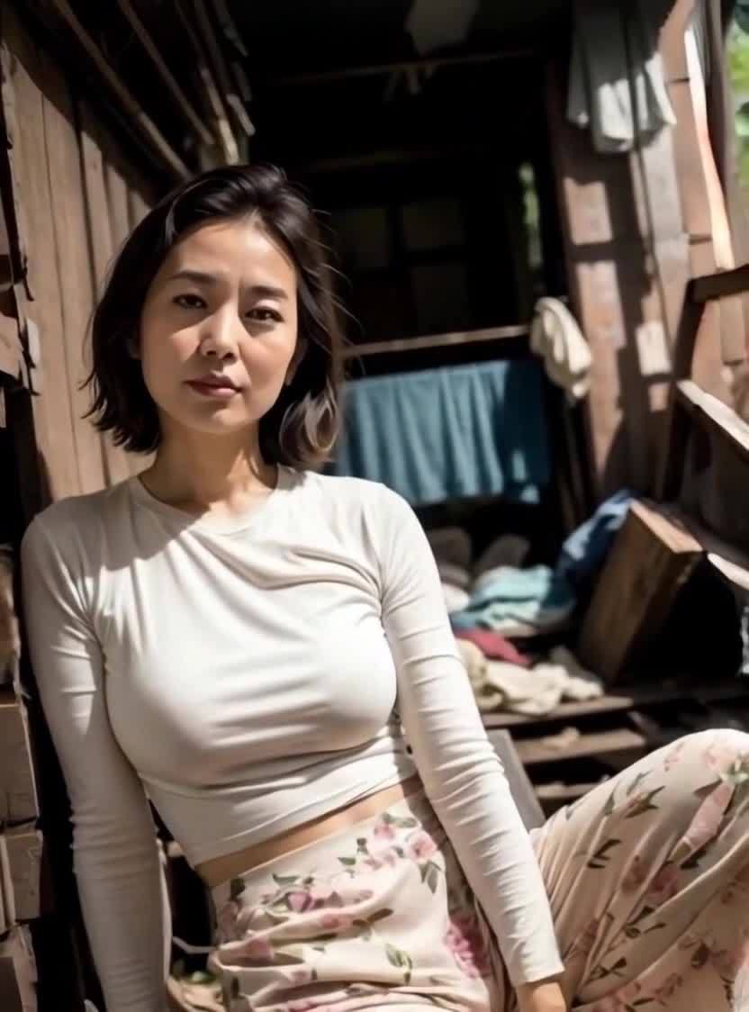 靠木墙边的花裤白衣女子凝视镜头