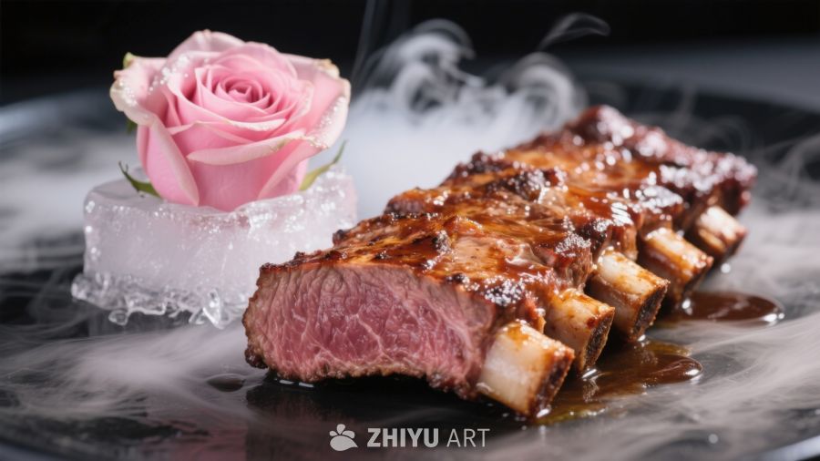 烟雾缭绕的烤肋排配冰镇玫瑰