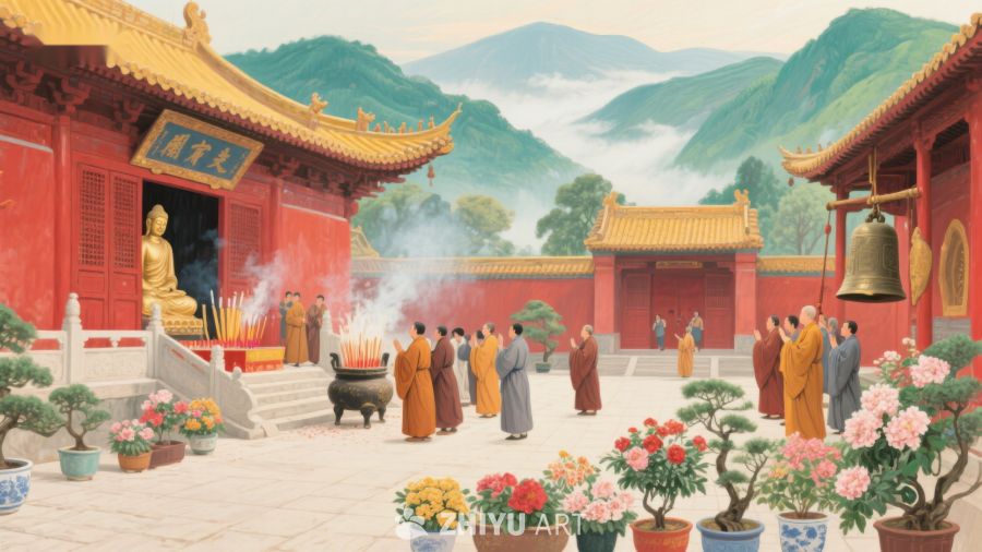 寺庙香火缭绕，僧侣虔诚礼拜 112