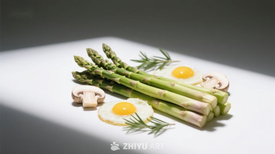 芦笋煎蛋与菌菇摆盘