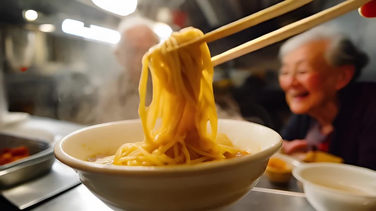 一双筷子夹起碗里的面条，背景中有两个老人正在观看。