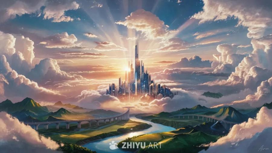 广阔的天空中漂浮着大小不一、色彩柔和的光芒四射的云