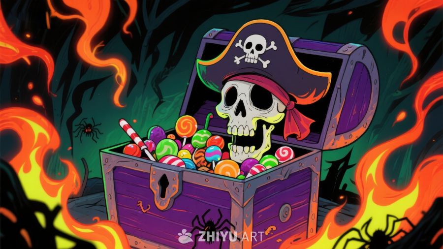 海盗宝箱满载糖果，火焰环绕神秘夜景