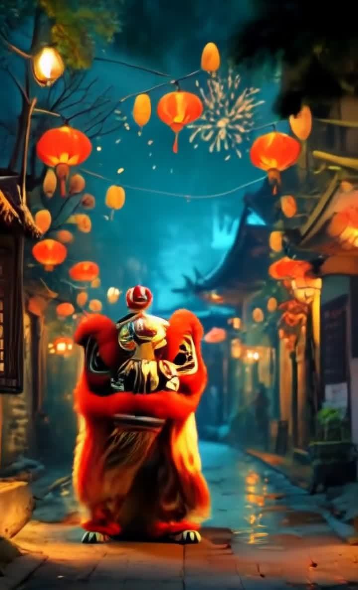 灯笼烟花舞狮庆典街景图