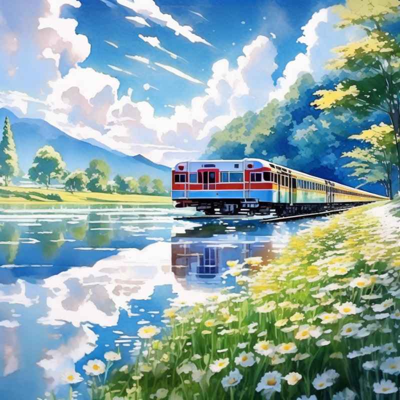 一辆火车在春天里行驶