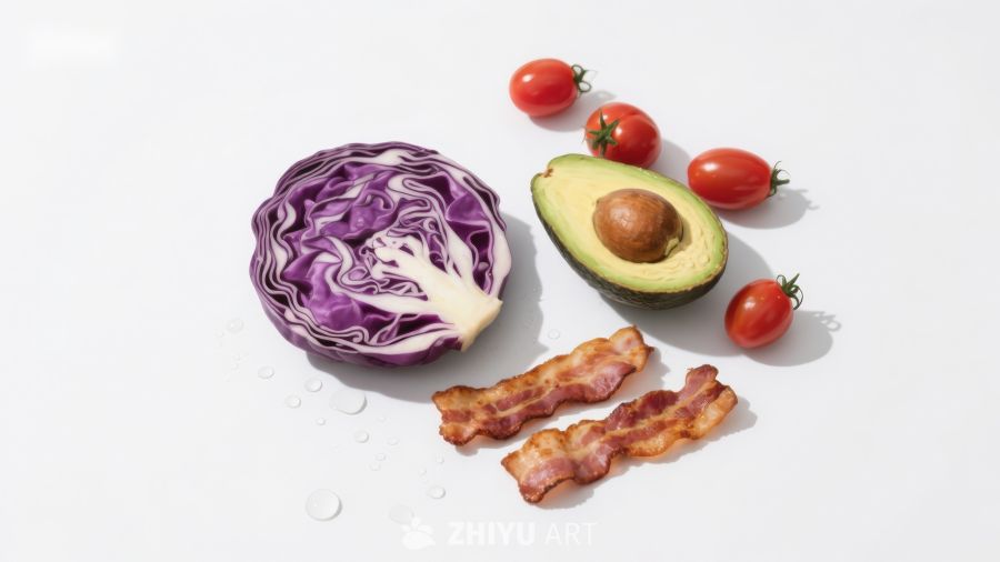 紫甘蓝、牛油果与培根食材组合