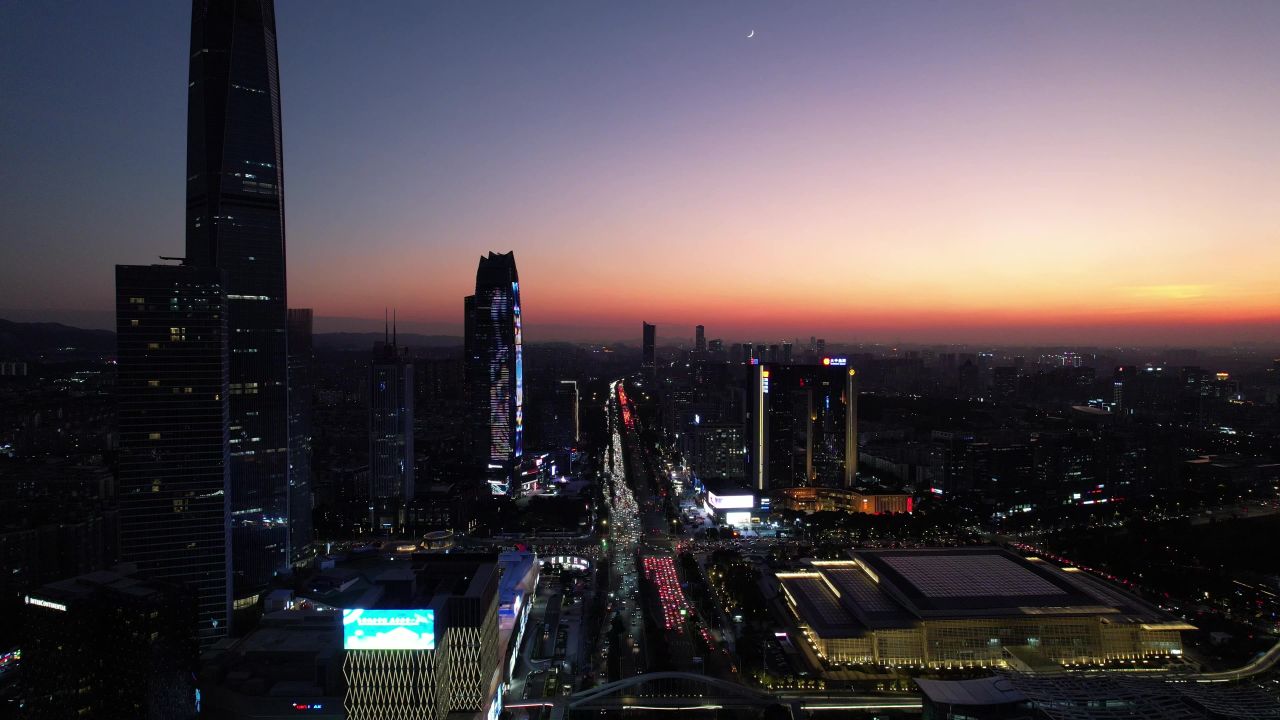 广东东莞日落晚霞城市夜景航拍