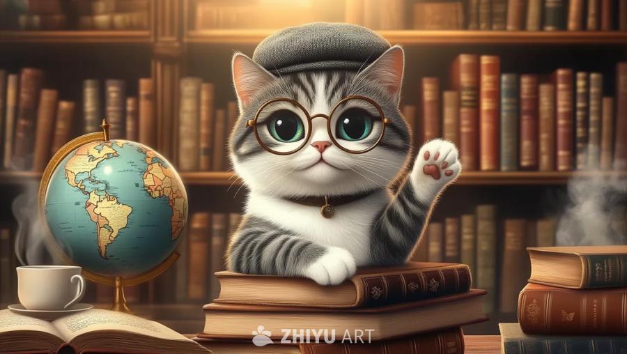 一只灰白相间的虎斑猫，戴着圆形眼镜和一顶小贝雷帽，
