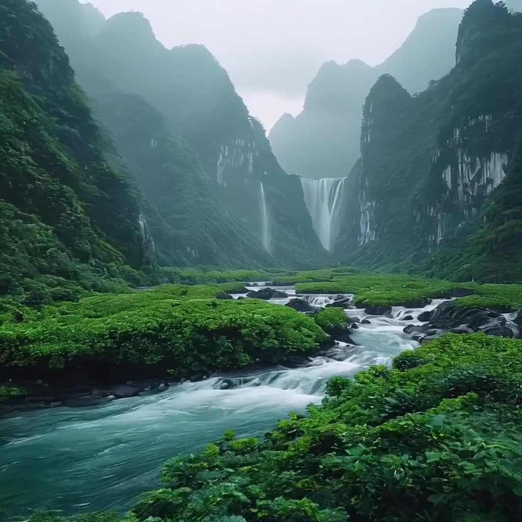 高耸的山峰笼罩在雾气之中，山间有一条小溪在流淌，溪