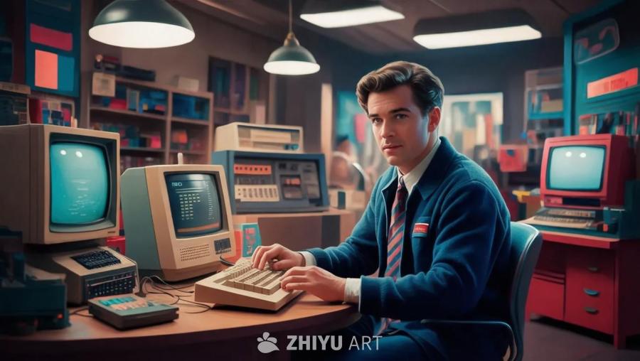 一名男子坐在摆满老式电脑的桌子前，正在打字。他穿着