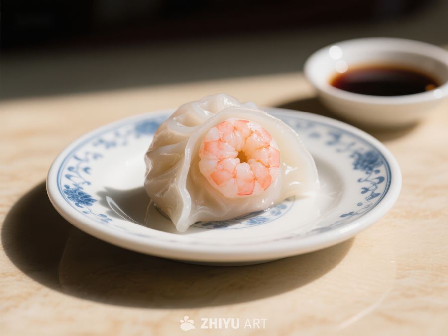 晶莹剔透的虾饺配酱油碟 504