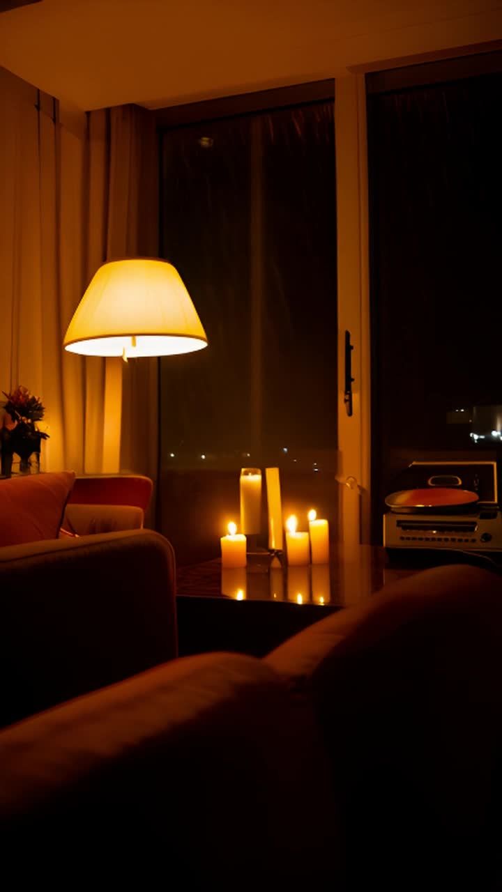 一个酒店顶层公寓的夜景，光线昏暗，有来自昏暗灯具和