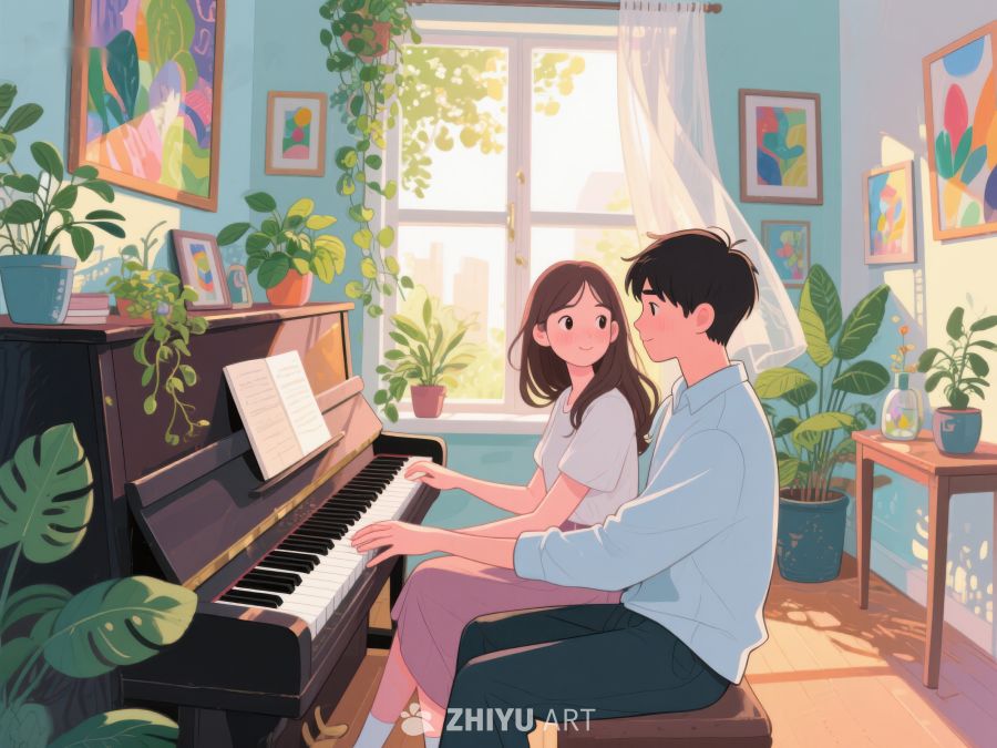 温馨室内，情侣共奏钢琴曲 805