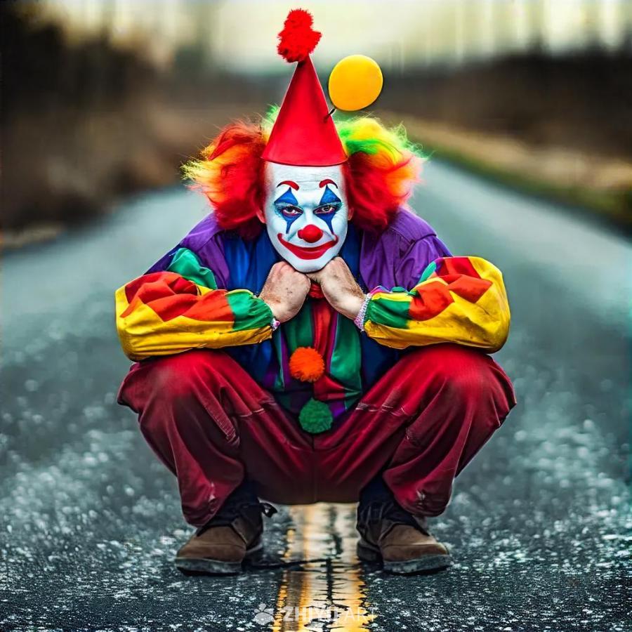 一个男人穿着小丑服装，头戴小丑帽，蹲在路上，露出笑