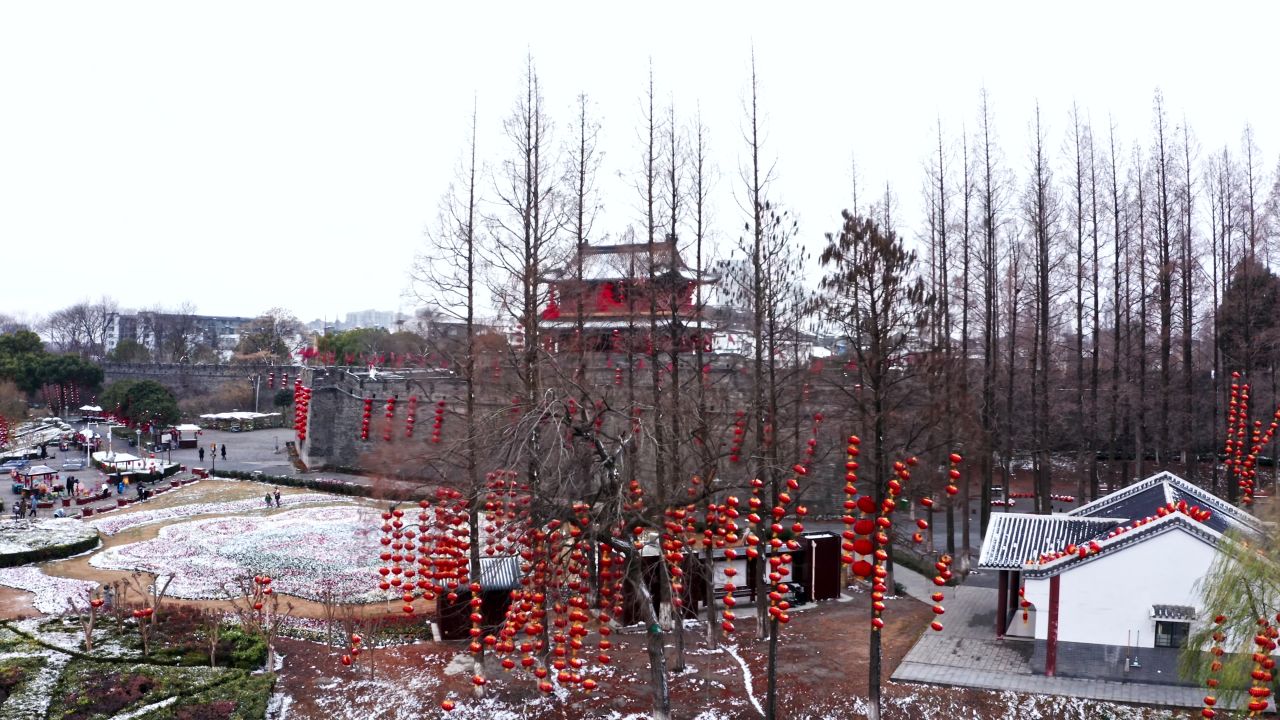湖北荆州古城春节氛围航拍视频