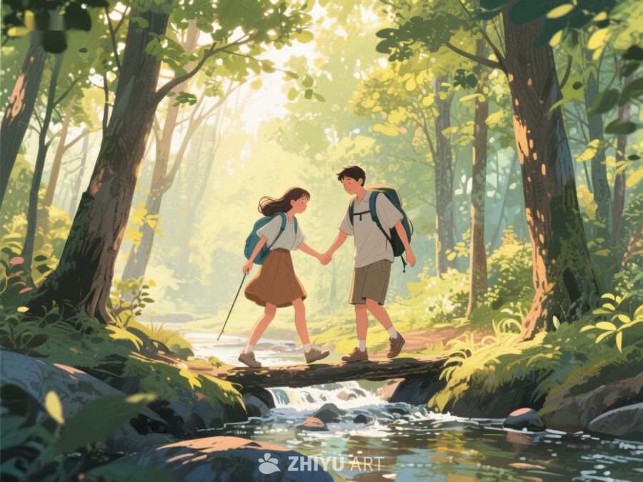 森林溪边的徒步情侣 613