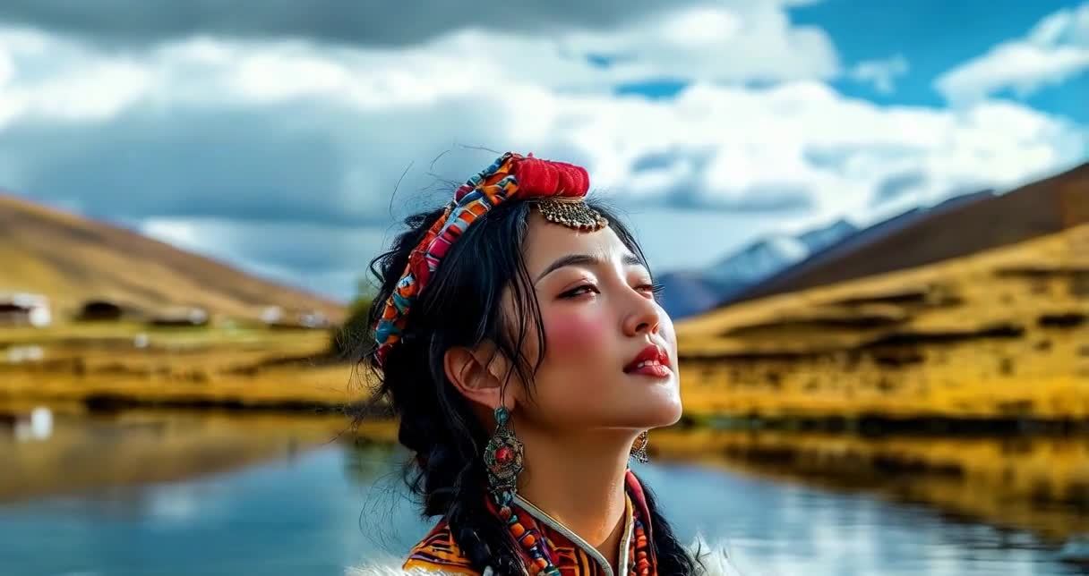 一名年轻女性身着民族服装，头戴饰有红色和金色图案的