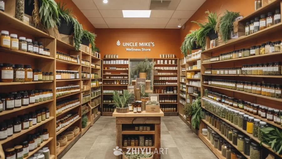 一家繁忙的迈克叔叔健康商店，摆满了各种天然药物和整