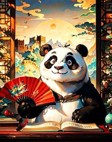 持扇端坐的动漫熊猫