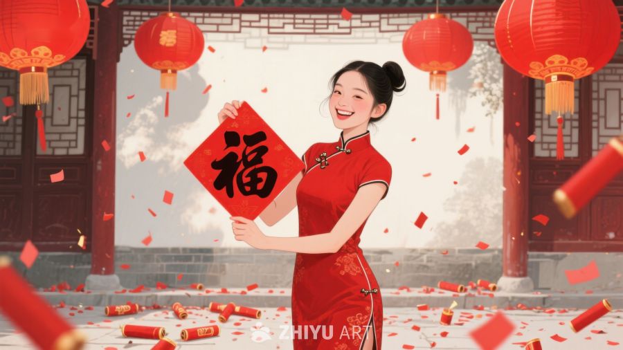 女子手持福字庆祝节日 735