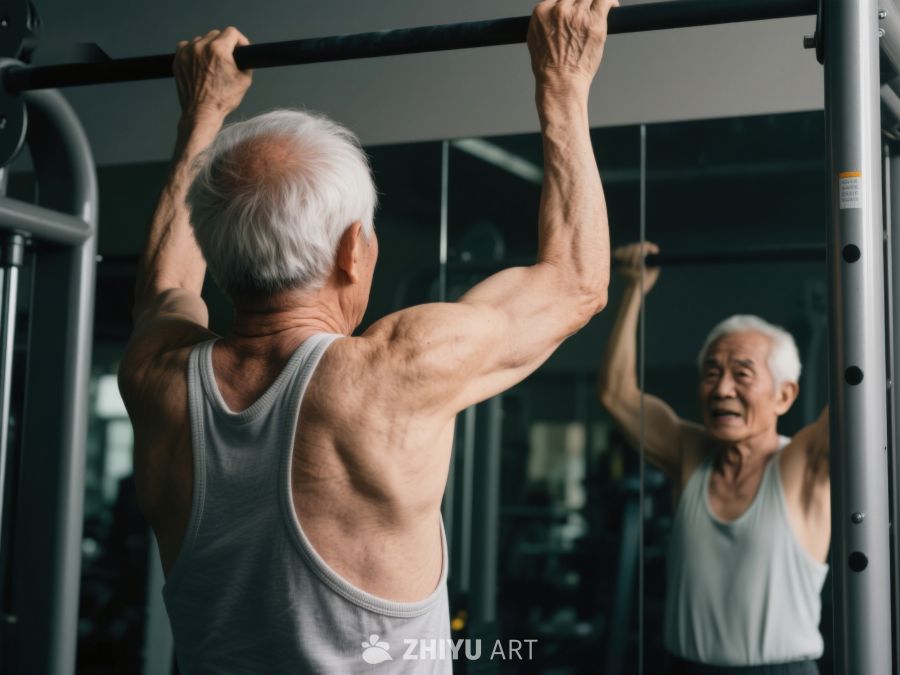 老人健身房内做引体向上 425