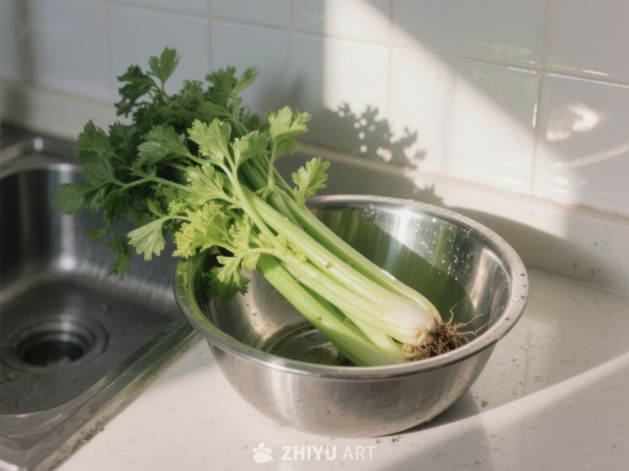 新鲜芹菜置于不锈钢碗中 592