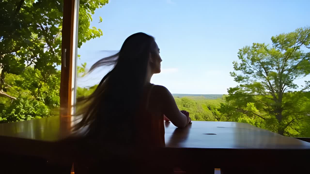 一位长发飘逸的年轻女子优雅地坐在靠大窗边的木桌旁。