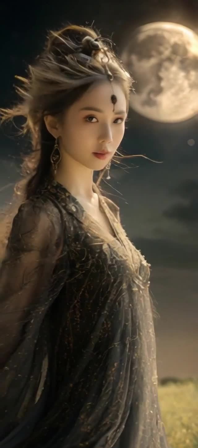夜幕下古典东方女性唯美肖像，月光柔和笼罩。