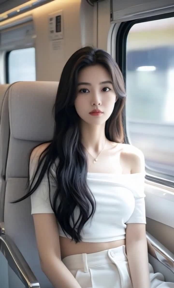 高铁上长发美女，白色露肩上衣，面容姣好注视前方