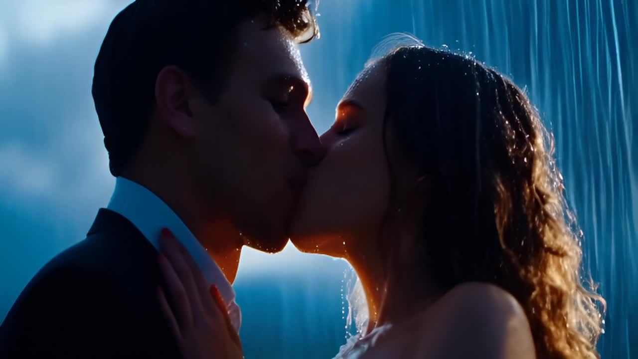 在雨中，一对男女正在接吻。男士穿着深色西装，女士穿