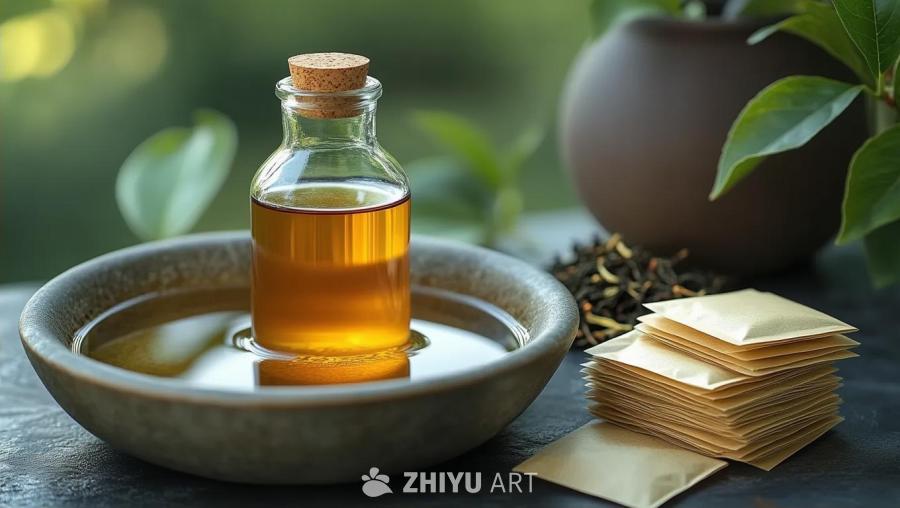 一个装满水的盆子里，浸泡着苹果醋和红茶包。盆子旁边