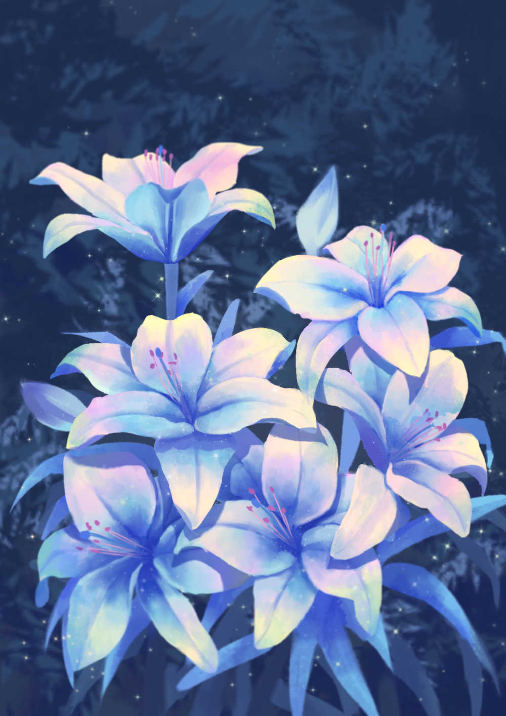 野外夜晚盛开星光的百合花唯美场景插画