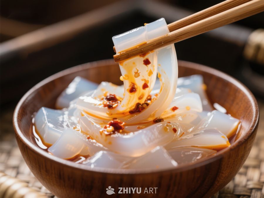 凉粉配辣椒油，筷子夹起特写 876