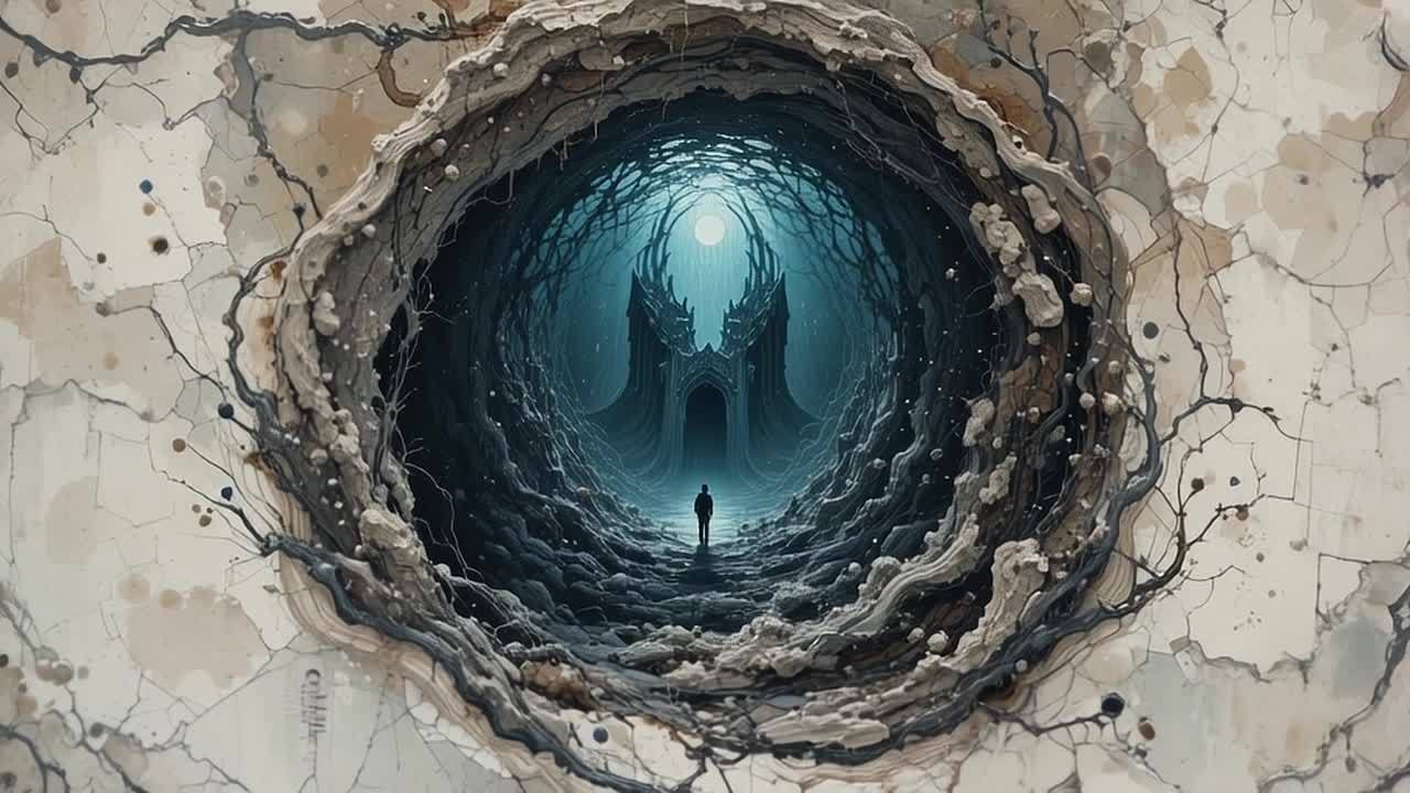 一个圆形深洞的中心，一个人站在远处的通道口，通道尽